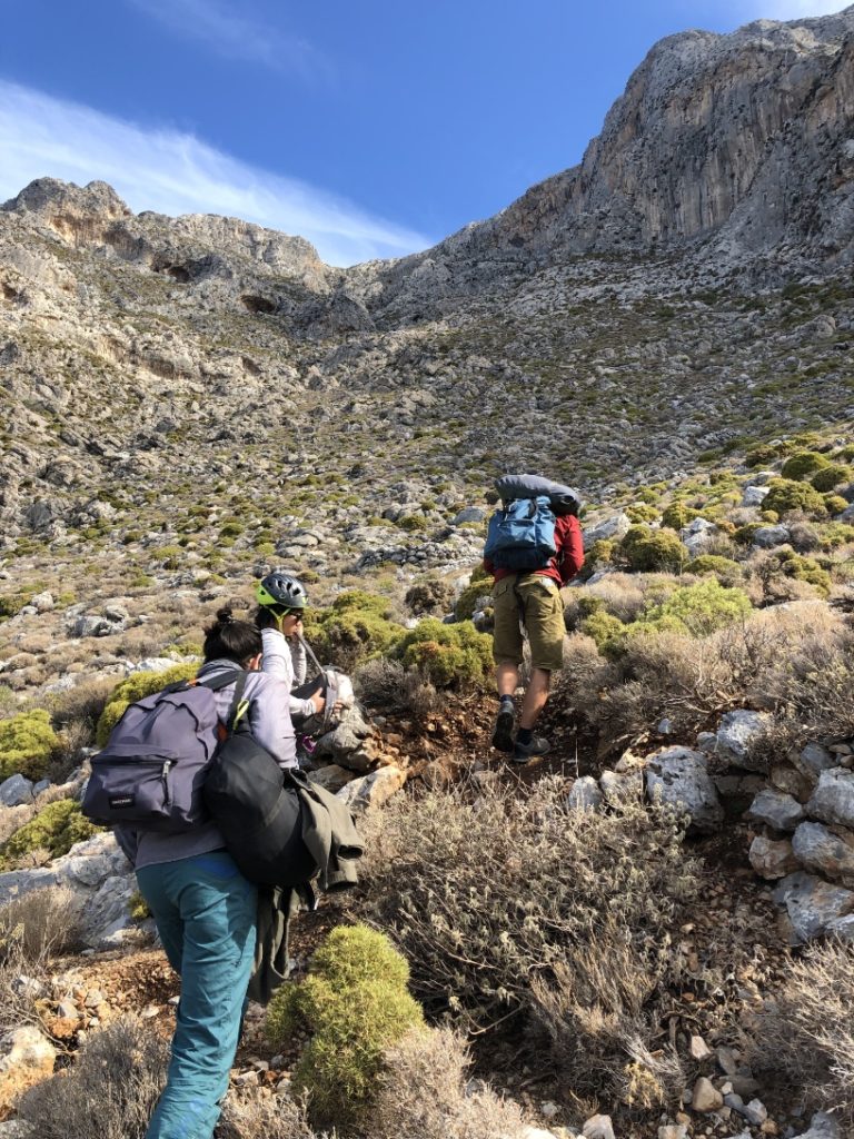 Group hiking to a climbing spot on Kalymnos